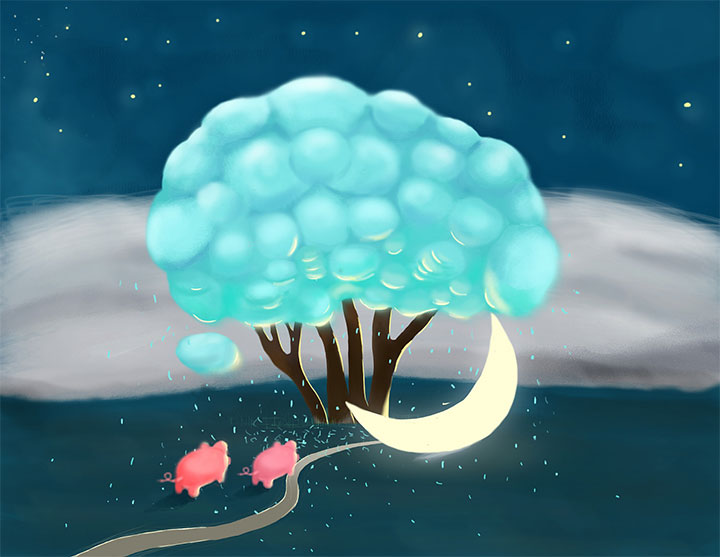 棉花糖树下和月亮老公公一起玩耍