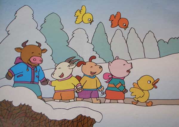 小动物扫雪的故事：雪中小路